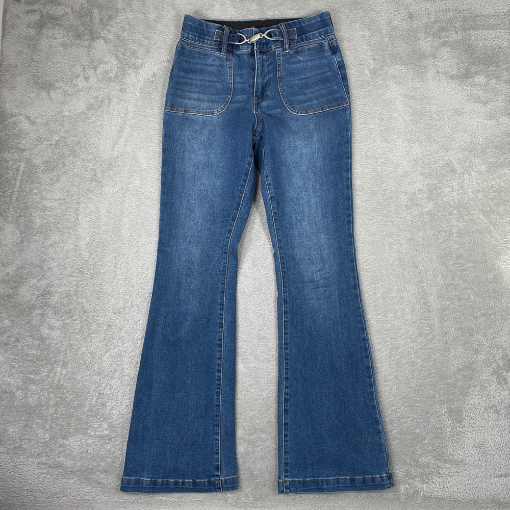 Indigo Poppy Flare Jeans Womens 6 Blue High Rise Stretch Patch Pocket Boho Denim